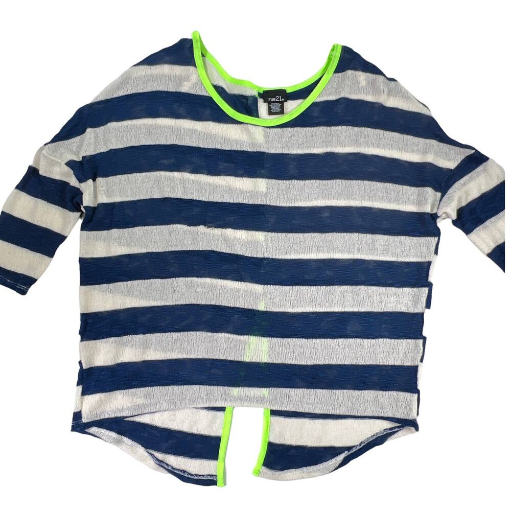 Rue 21 Navy & White Striped Drop Shoulder Sweater Split Tail 3/4 Sleeves Large